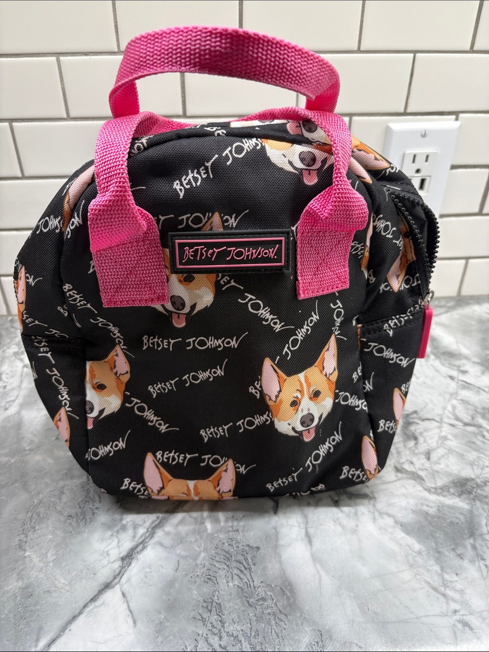 Betsey Johnson Black and Pink Corgi Print Tote
